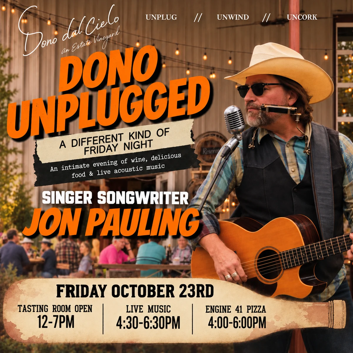 Dono Unplugged with singer songwriter Jon Pauling, Friday October 23, 2026. Tasting room open 12-7 pm, live music 4:30-6:30 pm, Engine 41 Pizza 4-6 pm.